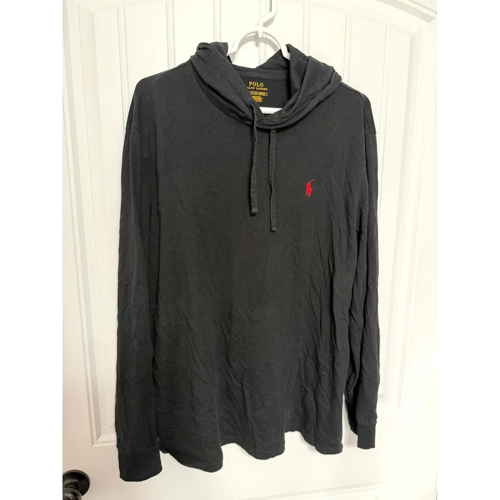 Polo Ralph Lauren Hooded T-Shirt Mens XL Black Long Sleeve Red Pony Logo